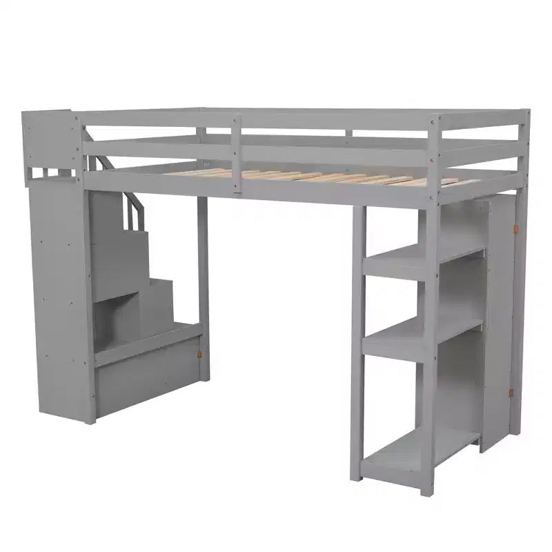 Lit mezzanine double en bois Whisen avec tiroirs de rangement, escalier et étagères