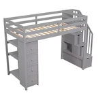 Lit mezzanine double en bois Whisen avec tiroirs de rangement, escalier et étagères