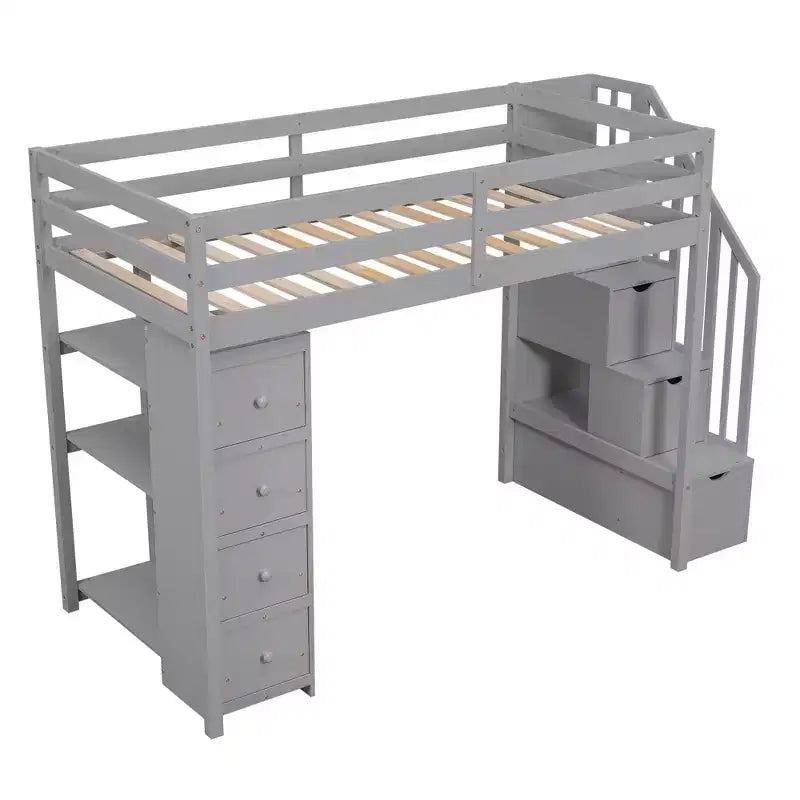 Lit mezzanine double en bois Whisen avec tiroirs de rangement, escalier et étagères