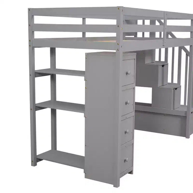 Lit mezzanine double en bois Whisen avec tiroirs de rangement, escalier et étagères
