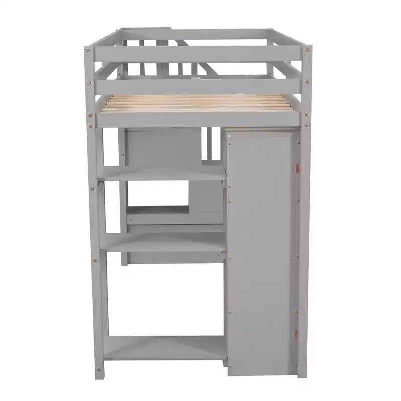 Lit mezzanine double en bois Whisen avec tiroirs de rangement, escalier et étagères