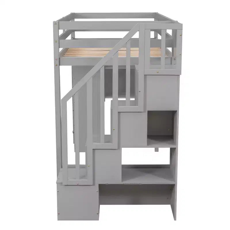 Lit mezzanine double en bois Whisen avec tiroirs de rangement, escalier et étagères