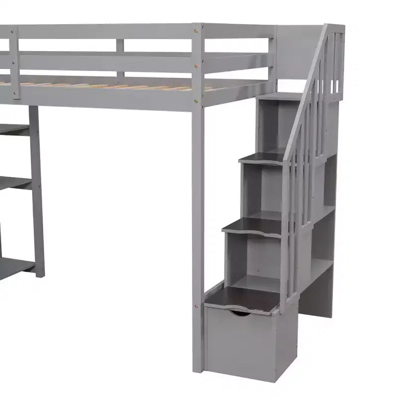 Lit mezzanine double en bois Whisen avec tiroirs de rangement, escalier et étagères