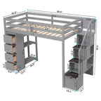 Lit mezzanine double en bois Whisen avec tiroirs de rangement, escalier et étagères