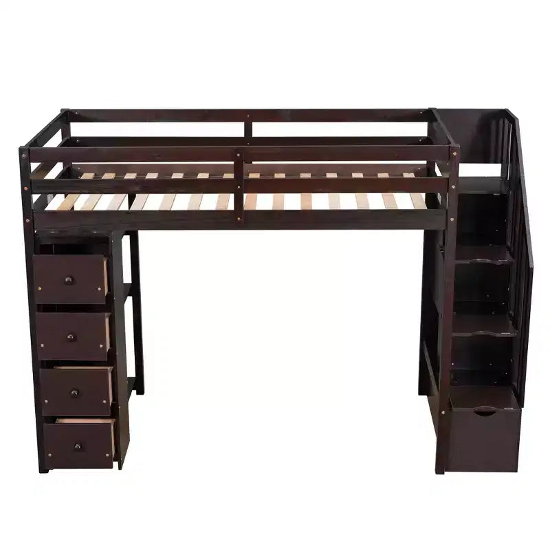 Lit mezzanine double en bois Whisen avec tiroirs de rangement, escalier et étagères
