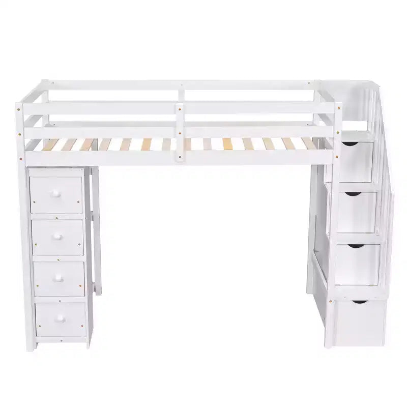 Lit mezzanine double en bois Whisen avec tiroirs de rangement, escalier et étagères