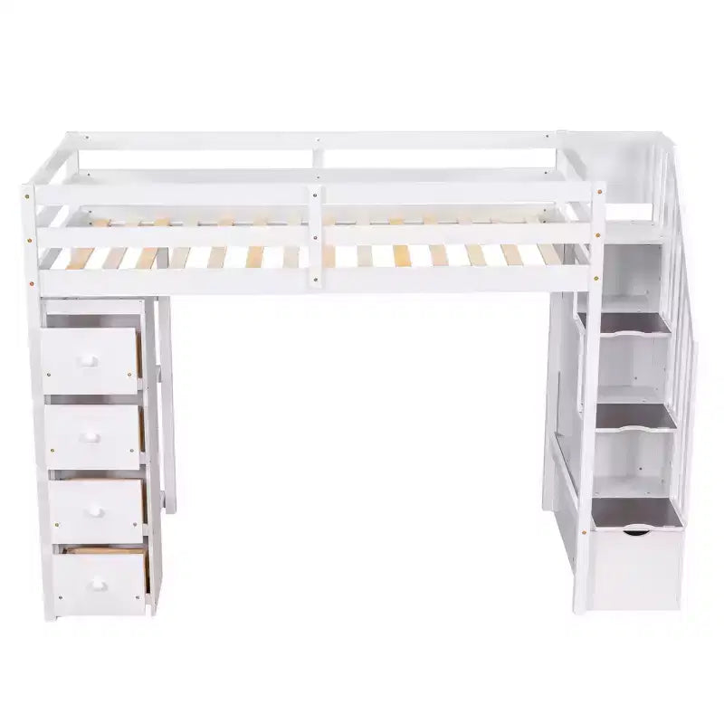 Lit mezzanine double en bois Whisen avec tiroirs de rangement, escalier et étagères