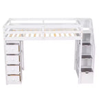 Lit mezzanine double en bois Whisen avec tiroirs de rangement, escalier et étagères