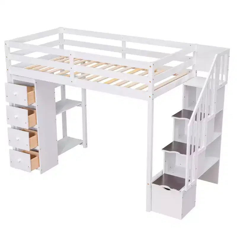 Lit mezzanine double en bois Whisen avec tiroirs de rangement, escalier et étagères
