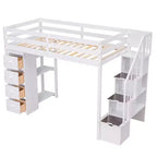 Lit mezzanine double en bois Whisen avec tiroirs de rangement, escalier et étagères