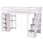Lit mezzanine double en bois Whisen avec tiroirs de rangement, escalier et étagères