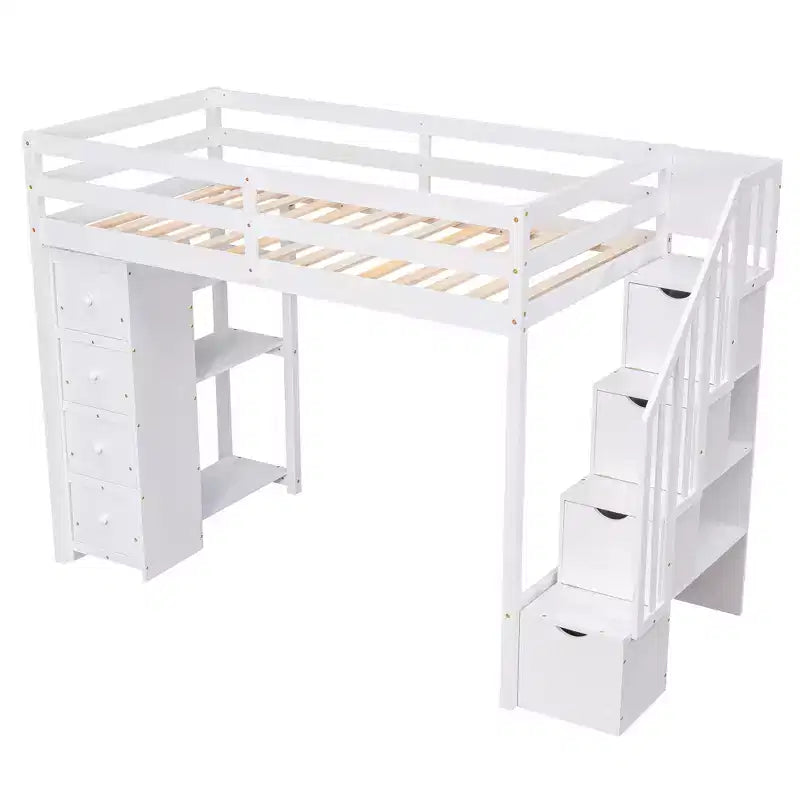 Lit mezzanine double en bois Whisen avec tiroirs de rangement, escalier et étagères