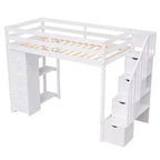 Lit mezzanine double en bois Whisen avec tiroirs de rangement, escalier et étagères