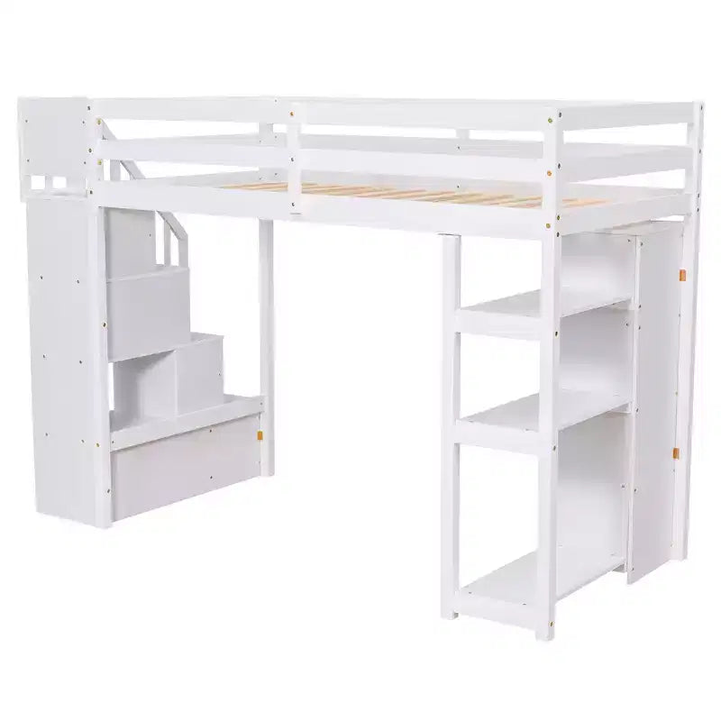 Lit mezzanine double en bois Whisen avec tiroirs de rangement, escalier et étagères