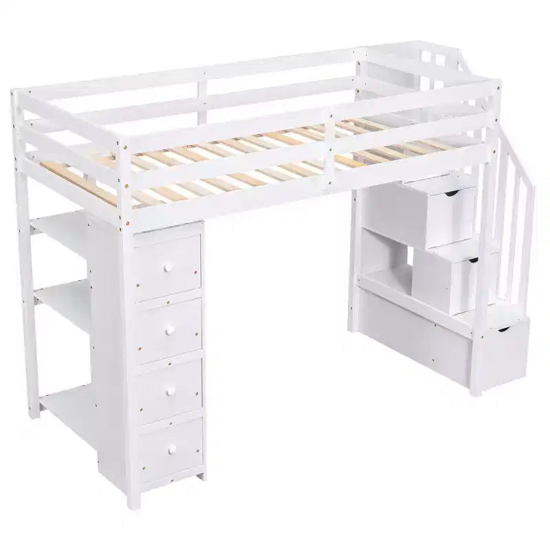 Lit mezzanine double en bois Whisen avec tiroirs de rangement, escalier et étagères