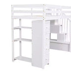 Lit mezzanine double en bois Whisen avec tiroirs de rangement, escalier et étagères