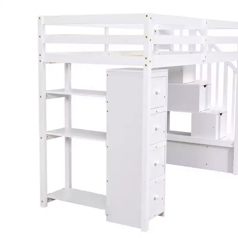 Lit mezzanine double en bois Whisen avec tiroirs de rangement, escalier et étagères