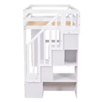 Lit mezzanine double en bois Whisen avec tiroirs de rangement, escalier et étagères