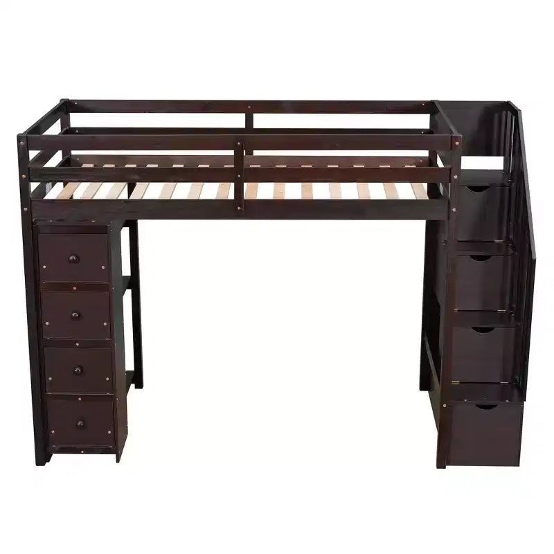 Lit mezzanine double en bois Whisen avec tiroirs de rangement, escalier et étagères