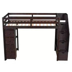 Lit mezzanine double en bois Whisen avec tiroirs de rangement, escalier et étagères