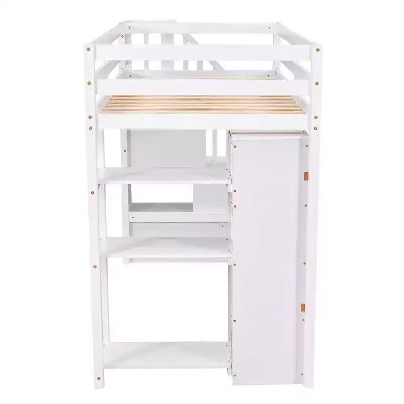 Lit mezzanine double en bois Whisen avec tiroirs de rangement, escalier et étagères