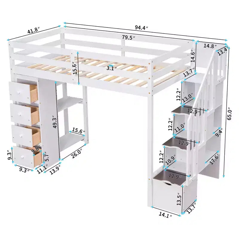 Lit mezzanine double en bois Whisen avec tiroirs de rangement, escalier et étagères