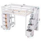 Lit mezzanine double en bois Whisen avec tiroirs de rangement, escalier et étagères
