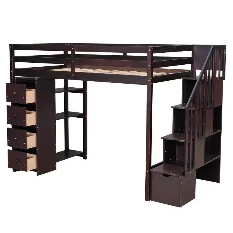 Lit mezzanine double en bois Whisen avec tiroirs de rangement, escalier et étagères