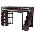 Lit mezzanine double en bois Whisen avec tiroirs de rangement, escalier et étagères