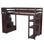 Lit mezzanine double en bois Whisen avec tiroirs de rangement, escalier et étagères