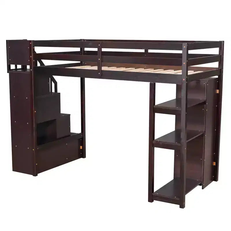 Lit mezzanine double en bois Whisen avec tiroirs de rangement, escalier et étagères
