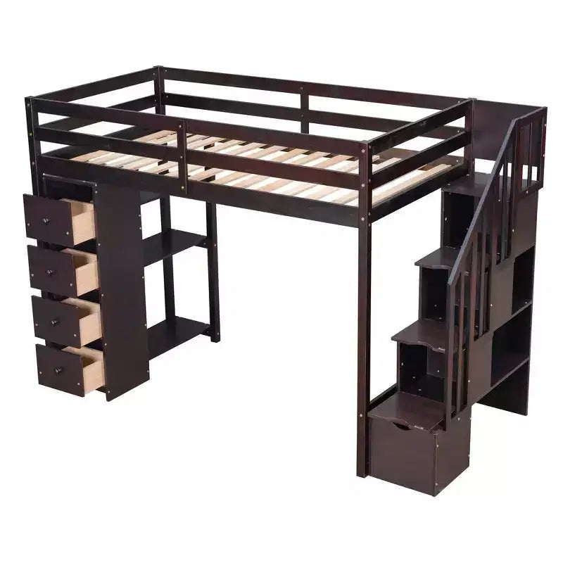 Lit mezzanine double en bois Whisen avec tiroirs de rangement, escalier et étagères
