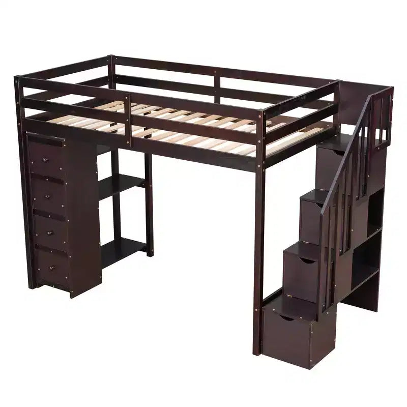 Lit mezzanine double en bois Whisen avec tiroirs de rangement, escalier et étagères