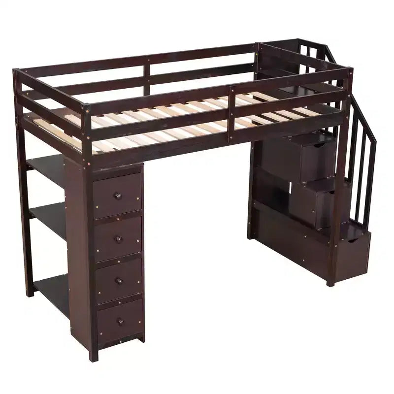 Lit mezzanine double en bois Whisen avec tiroirs de rangement, escalier et étagères