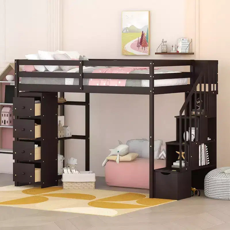 Whisen Twin size Wooden Loft Bed with Storage Drawers and Stairs, Shelves