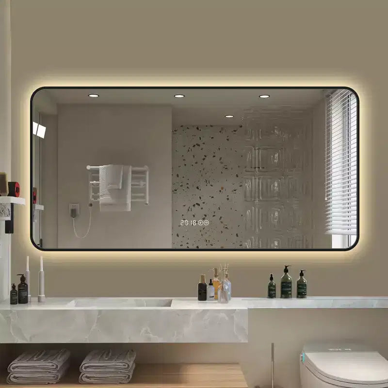 48 x 24 Inch Black Aluminum Alloy Frame Bathroom Vanity Mirror with Temperature Display Tri Color Light Defogging