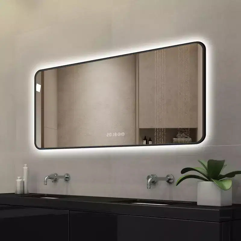 Miroir de salle de bain avec cadre en alliage d'aluminium noir, 48 x 24 pouces, avec affichage de la température, lumière tricolore et fonction anti-buée