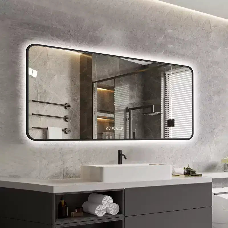 Miroir de salle de bain avec cadre en alliage d'aluminium noir, 48 x 24 pouces, avec affichage de la température, lumière tricolore et fonction anti-buée
