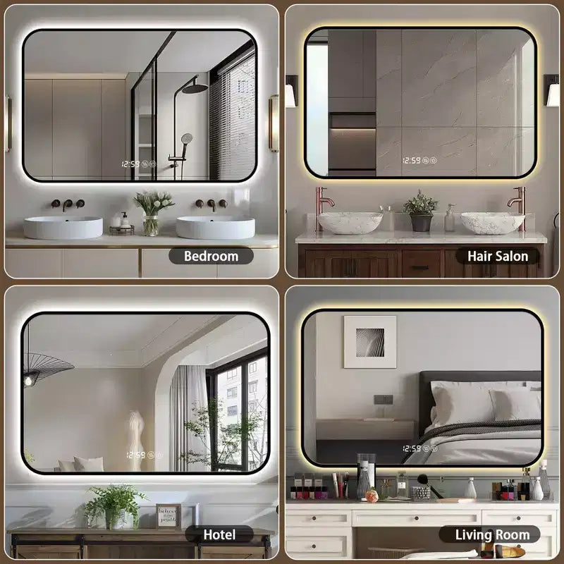 Miroir de salle de bain avec cadre en alliage d'aluminium noir, 48 x 24 pouces, avec affichage de la température, lumière tricolore et fonction anti-buée
