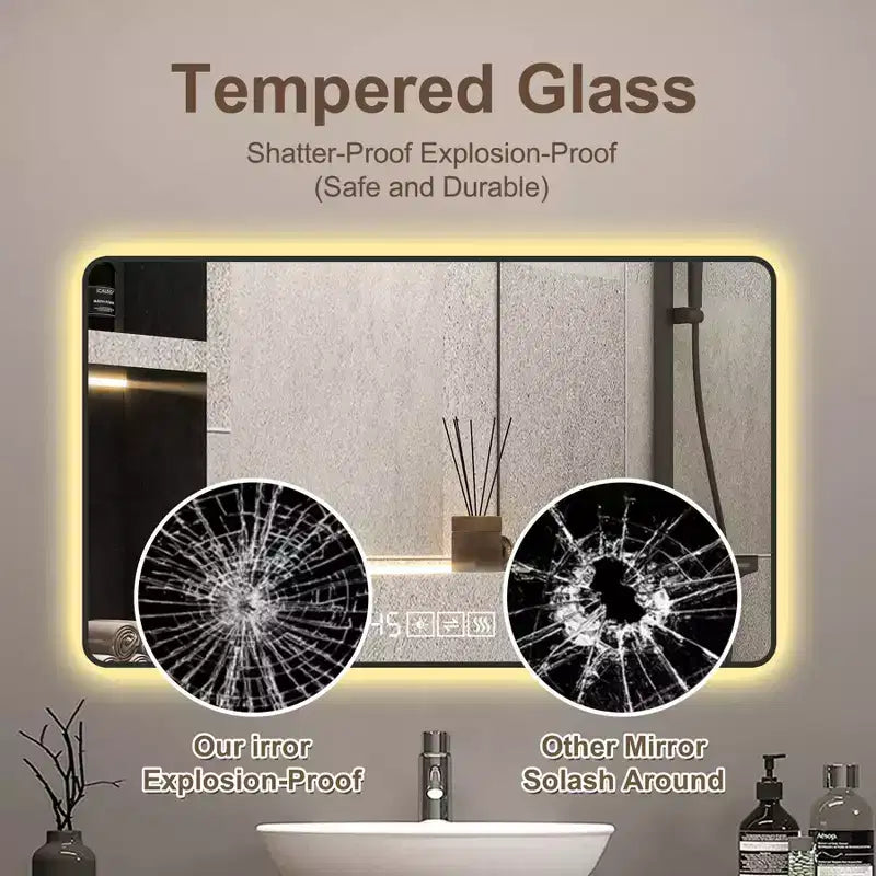 Miroir de salle de bain avec cadre en alliage d'aluminium noir, 48 x 24 pouces, avec affichage de la température, lumière tricolore et fonction anti-buée