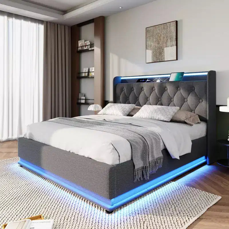 Bellemave Full Upholstered Platform Bed with 360 Surround LED Function,Upholstered Platform Bed Frame with USB Type-C charging, Gray