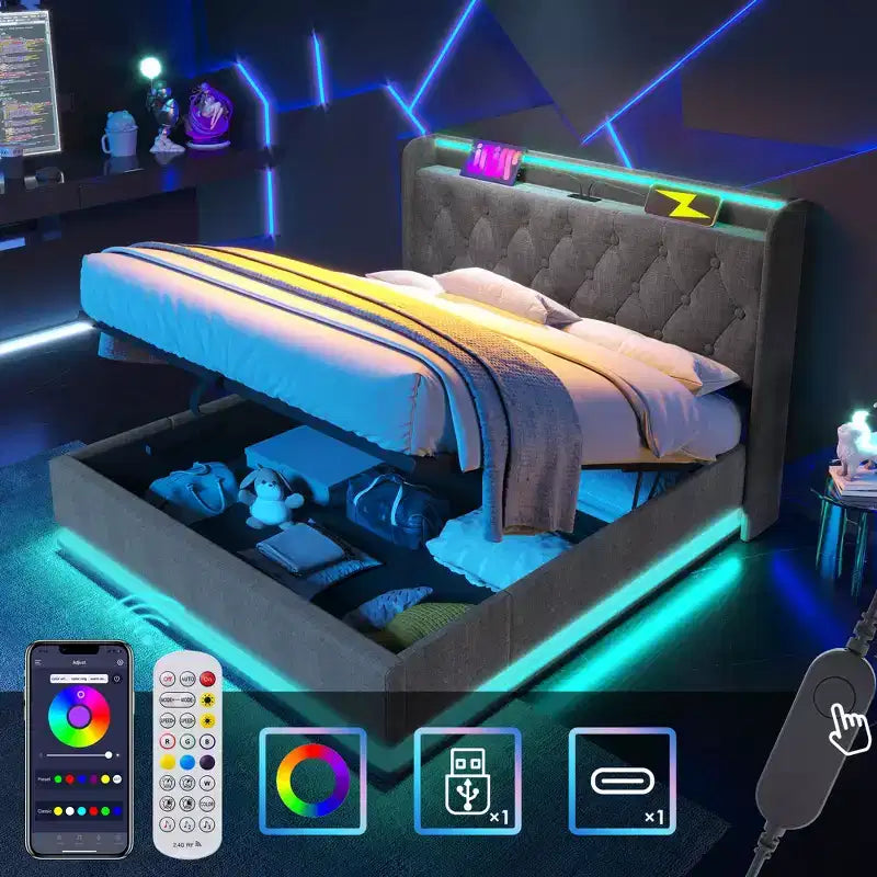 Bellemave Full Upholstered Platform Bed with 360 Surround LED Function,Upholstered Platform Bed Frame with USB Type-C charging, Gray