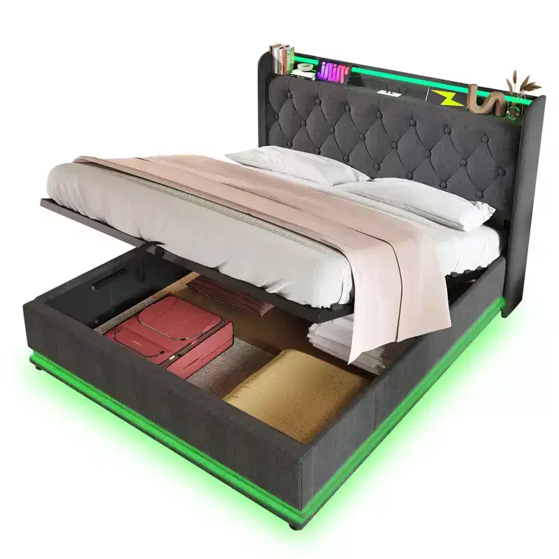 Bellemave Full Upholstered Platform Bed with 360 Surround LED Function,Upholstered Platform Bed Frame with USB Type-C charging, Gray