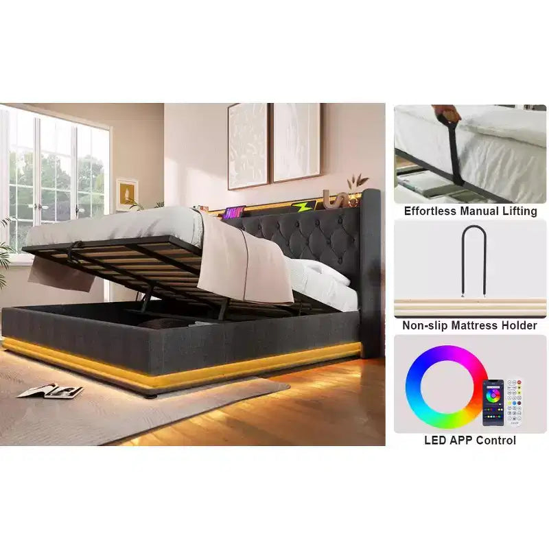 Bellemave Full Upholstered Platform Bed with 360 Surround LED Function,Upholstered Platform Bed Frame with USB Type-C charging, Gray