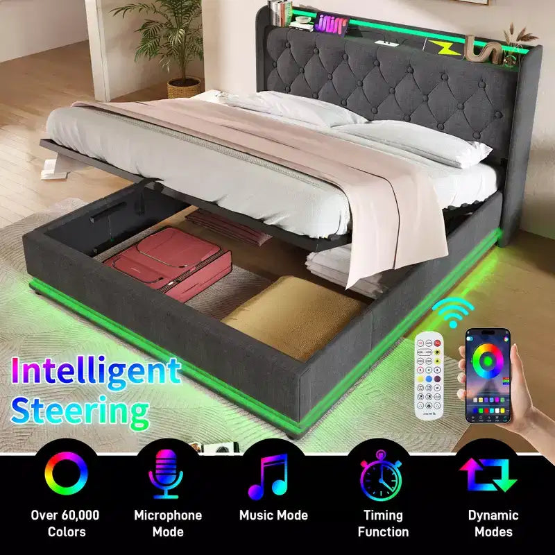 Bellemave Full Upholstered Platform Bed with 360 Surround LED Function,Upholstered Platform Bed Frame with USB Type-C charging, Gray