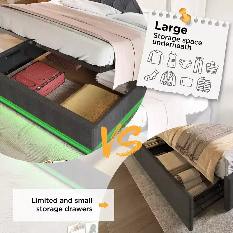 Bellemave Full Upholstered Platform Bed with 360 Surround LED Function,Upholstered Platform Bed Frame with USB Type-C charging, Gray