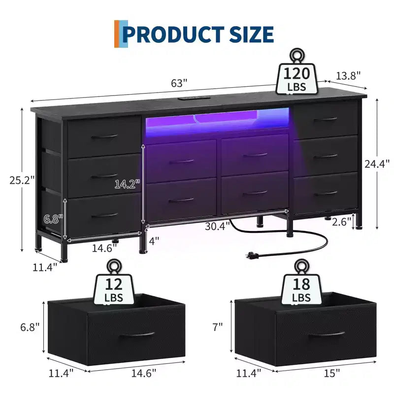 Longue commode de chambre avec 10 tiroirs en tissu, prise de courant et lumière LED, meuble TV pour téléviseurs de 65 à 75 pouces