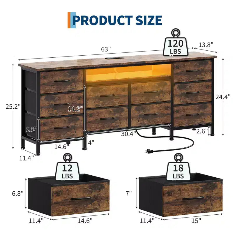 Longue commode de chambre avec 10 tiroirs en tissu, prise de courant et lumière LED, meuble TV pour téléviseurs de 65 à 75 pouces