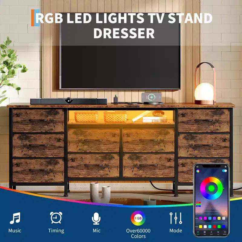 Longue commode de chambre avec 10 tiroirs en tissu, prise de courant et lumière LED, meuble TV pour téléviseurs de 65 à 75 pouces