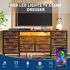 Longue commode de chambre avec 10 tiroirs en tissu, prise de courant et lumière LED, meuble TV pour téléviseurs de 65 à 75 pouces